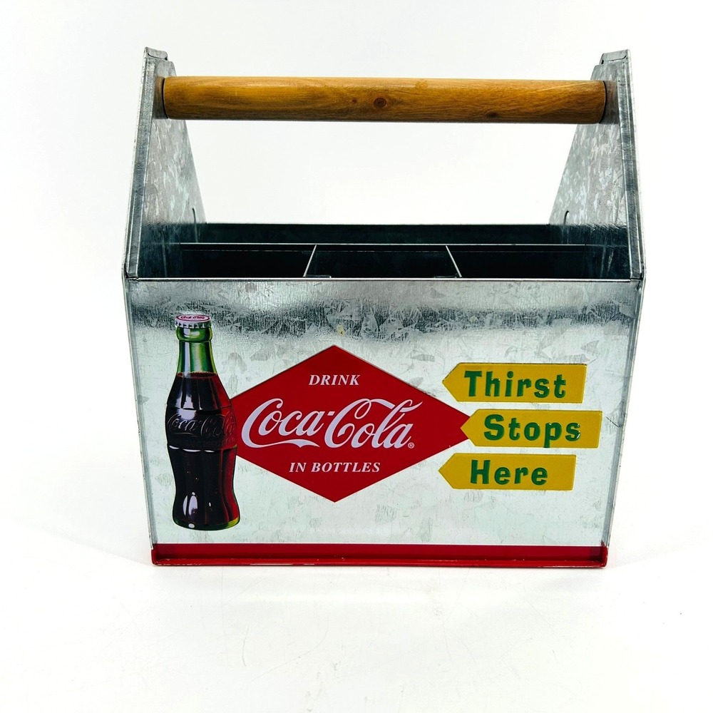 Coca Cola Galvanized Metal Tin Caddy Wooden Handle Thirst Stops Here Retro Decor